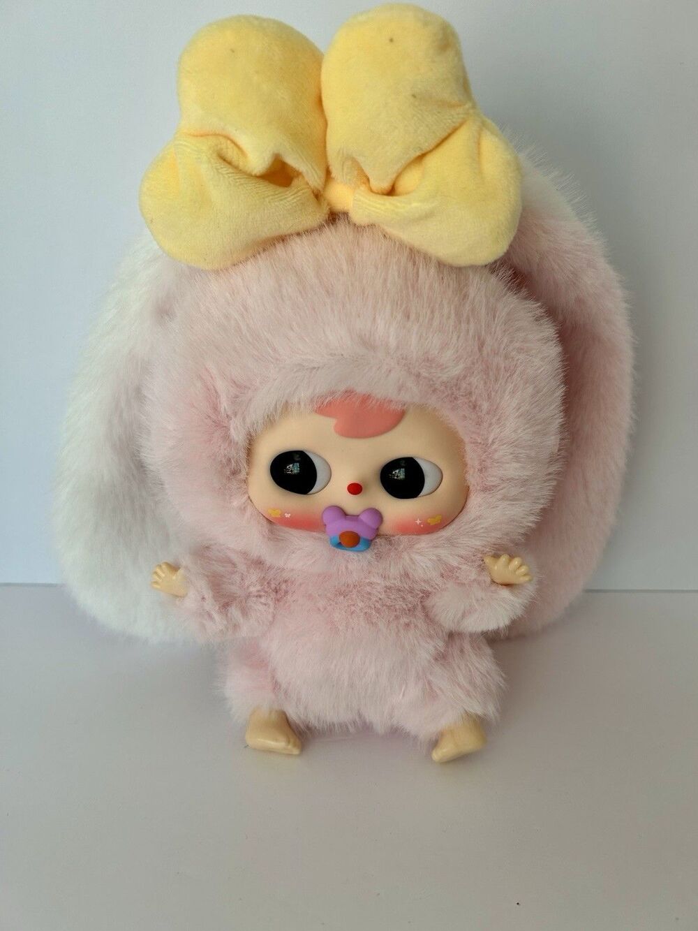 Baby ThreePink Rabbit Plush Doll Animation Bunny Ears Yellow Bow.